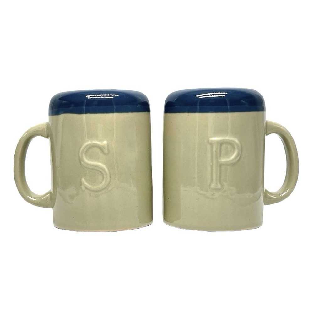 Vintage Ceramic Salt Pepper Shakers Raised Letters Blue Beige Farmhouse